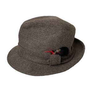 VTG MCM Brown Tweed Herringbone Fedora Wool Hat W/Feather Size 7 1/8 Dapper